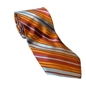 TED BAKER London Tie Orange/Red/Silver Stripe 100% Import Silk Tailored In USA